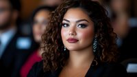 Young Hispanic woman with curly brown hair and glamorous makeup at formal event, wearing elegant black attire and statement earrings.