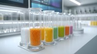 Glass test tubes filled with colorful beads in laboratory setting, arranged in row showing gradient from white to orange, yellow, green and red spheres.