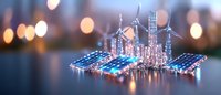 Futuristic smart city with renewable energy sources, solar panels and wind turbines reflecting on water surface against blurred bokeh lights background.
