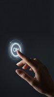 Hand pressing glowing neon ON button against dark background. Finger activating illuminated switch for power, energy, technology, and control concepts in business and innovation.