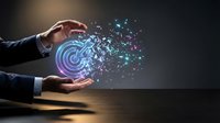 Businessman hands holding glowing digital target with dispersing particles, representing data analytics, business strategy, and technology innovation on dark background.