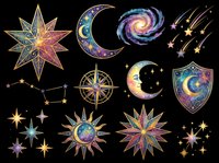 Celestial and cosmic design elements featuring stars, moons, suns, and galaxies in mystical colors. Isolated on transparent background, ready for t-shirts, stickers, clipart, sublimation, and print-on-demand projects.