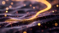 Glowing golden light trails flow across dark textured surface with bokeh particles, creating abstract energy waves and luminous streaks for modern design projects.