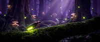 Magical forest scene with glowing fireflies and luminous orbs creating enchanted atmosphere among moss-covered logs and mystical purple lighting effects.