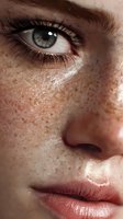 Close-up of face with natural freckles, blue-gray eye with long eyelashes, and soft pink lips, showcasing authentic skin texture and beauty.