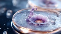 Delicate purple daisy floating in crystal clear water with tiny bubbles and droplets, creating dreamy macro photography effect. Soft bokeh background adds ethereal mood.