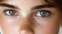Close up portrait of young woman with natural freckles and bright green eyes looking directly at camera, beauty and skincare concept.