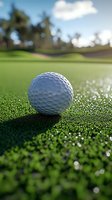 White golf ball on dewy grass at sunrise with blurred golf course background, morning light creating sparkles on grass blades for sports and leisure concepts.