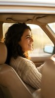 Woman with long dark wavy hair, Hispanic ethnicity, smiling while sitting in car passenger seat wearing beige sweater. Golden hour lighting.