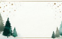 Watercolor winter forest scene with evergreen trees and gold stars on cream background, perfect for holiday stationery.