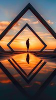 Silhouette of person standing between geometric frames reflected in water during dramatic orange sunset, creating symmetrical mirror effect with clouds and sky.