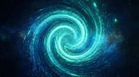 Glowing turquoise spiral galaxy with swirling cosmic energy and stardust particles against deep space background for science fiction and astronomy projects.