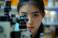Young Asian female scientist looking through microscope in modern laboratory conducting research and analysis.