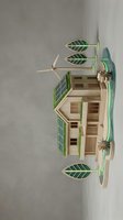 Eco-friendly wooden house model with solar panels and wind turbine representing sustainable green energy and environmental architecture concepts.