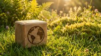 Wooden cube with earth globe symbol on green grass in sunlight representing environmental awareness and sustainability concepts for eco-friendly projects.