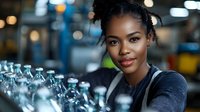 Young African American female barista smiling behind bar counter with blurred bottles in foreground. Professional hospitality setting with warm ambient lighting.