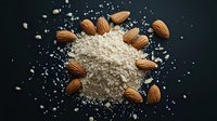 Fresh ground almond flour scattered on dark background with whole raw almonds arranged around powder pile, dramatic food photography styling.