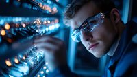 Young male scientist in protective eyewear examining glowing laboratory equipment against dark blue background with bokeh lights. Modern research facility.