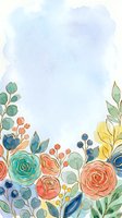 Watercolor floral border with roses, eucalyptus, and berries in coral, teal, and yellow tones on soft lavender background. Isolated design for invitations, greeting cards, and stationery projects.