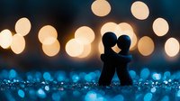 Silhouette of romantic couple embracing against blurred golden bokeh lights and blue glitter background, creating dreamy atmospheric mood for Valentine's day designs.