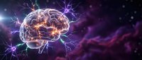 Human brain with electric lightning bolts and neural activity against cosmic purple background for neuroscience and medical research concepts.