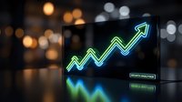 Glowing neon green upward trending arrow chart on digital screen with bokeh lights background for business growth and financial success presentations.