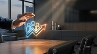 Businessman hand gesturing toward glowing neon people icon with upward arrows, representing growth, success, and team development in modern office environment.