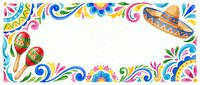 Colorful Mexican fiesta frame with sombrero, maracas and traditional folk art patterns on white background for celebration design and party invitations.