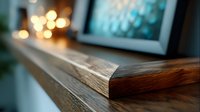 Wooden shelf detail with soft bokeh lights in background creating cozy home atmosphere. Close up view of polished wood texture and warm ambient lighting.