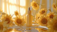 Yellow sunflowers surround cosmetic dropper bottle on reflective surface with warm sunlight and window shadows creating dreamy skincare product scene.