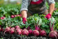 Freshly harvested organic beets with green tops lying on dark soil while gardener in work gloves tends to vegetable garden in background. Fresh farm produce.