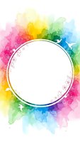 Vibrant rainbow watercolor splash background with white circular frame and delicate floral decorations for creative design projects.