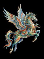 Ornate flying pegasus with colorful wings and decorative saddle, isolated on transparent background, ready for t-shirt design, stickers, clipart, and print on demand.