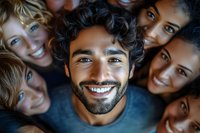 Close up portrait of diverse young people smiling together, showing joy and friendship. Natural lighting highlights genuine expressions and positive emotions.