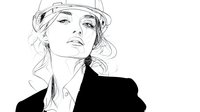 Elegant woman portrait sketch with hat and blazer, minimalist black line art drawing on white background for fashion design projects.