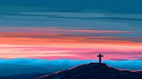Mountain cross silhouette against vibrant sunset sky with pink orange blue gradient colors creating peaceful spiritual landscape for meditation worship.