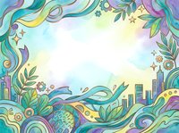 Colorful watercolor frame with swirling waves, tropical leaves, city skyline, gears, and stars in teal, purple, and yellow tones.