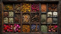 Aromatic spices and dried flowers in vintage wooden box compartments, colorful culinary ingredients including star anise, cardamom, rose petals, and peppercorns.
