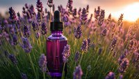 Purple essential oil bottle with dropper in blooming lavender field at golden sunset. Natural aromatherapy and wellness concept for spa treatments and relaxation.