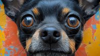 Close up portrait of black and tan Chihuahua dog face with big brown eyes against vibrant orange and blue background, showing detailed facial features and expression.