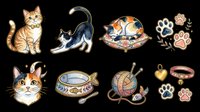 Cute cat and kitten illustrations with paw prints, food bowl, yarn ball, and pet accessories isolated on transparent background, ready for t-shirt design, stickers, clipart, and print-on-demand products.