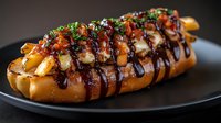 Gourmet hot dog loaded with caramelized onions, melted cheese, crispy bacon bits, fresh herbs, drizzled with BBQ and chocolate sauces on toasted bun, served on dark plate.