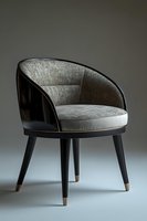 Modern accent chair featuring curved black lacquered frame, grey upholstered seat, and brass-tipped legs against neutral background. Luxury furniture design piece.