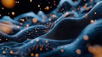 Futuristic digital wave landscape with glowing orange particles floating over dark blue dotted surface, abstract technology background for modern designs.