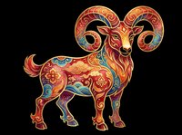 Ornate ram with swirling floral patterns in red, gold, and blue, isolated on transparent background. Great for t-shirt design, stickers, clipart, and print on demand.