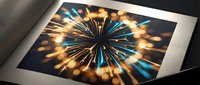 Radiant burst of golden and blue light rays emanating from center, creating dynamic energy effect on dark background. Suitable for technology, innovation, and abstract design projects.