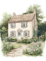Watercolor cottage with stone path through blooming garden, cream colored walls, brown shutters and traditional architecture surrounded by lush greenery.