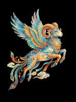 Ornate mythical winged creature with golden horns and decorative patterns, isolated on transparent background. Ready for t-shirt design, clipart, stickers, sublimation, and print-on-demand products.