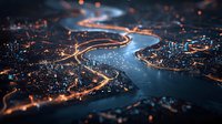 Aerial night cityscape with glowing orange roads and blue buildings along winding river, creating futuristic tilt-shift effect for urban planning presentations.