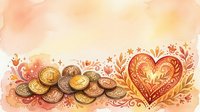 Golden coins flowing toward ornate heart with decorative flourishes on warm watercolor background for romantic financial themes and prosperity designs.